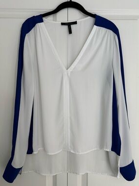 BCBG White V-Neck Long Sleeve Blouse